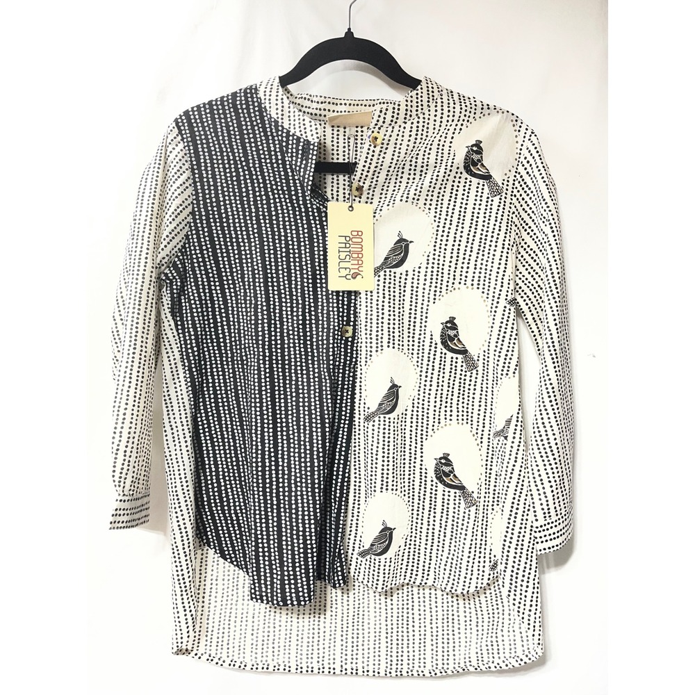 Bombay Paisley Womens Small Bird‎ Polka Dot Print Button Up Blouse High Low Hem